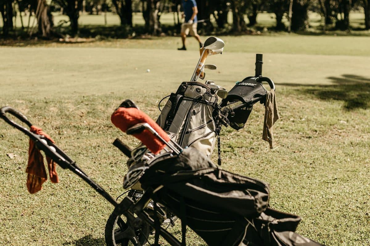 Golf clubs resting in a bag on a green fairway